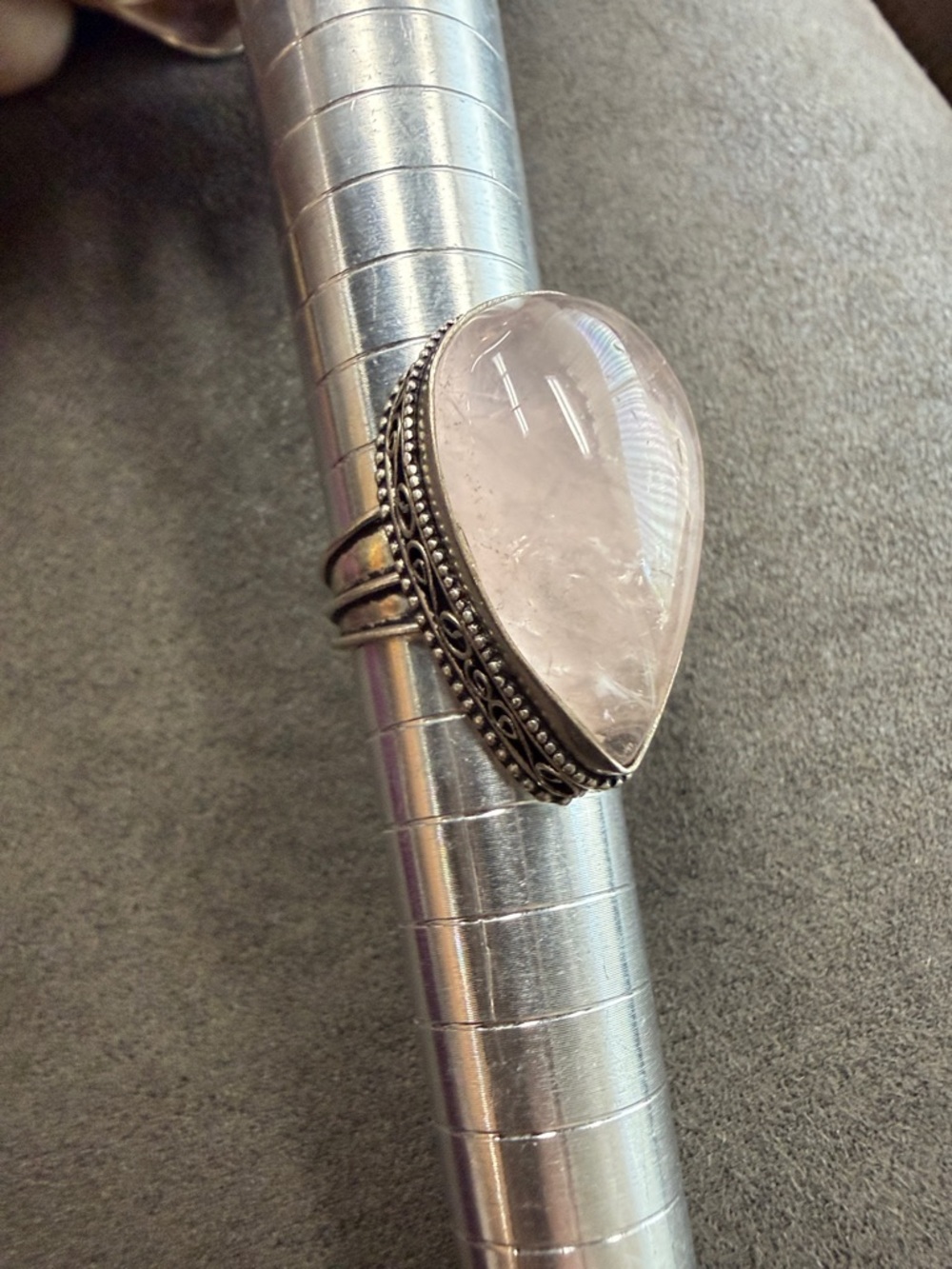 Sterling Silver Large Teardrop Cabochon Rose Quartz ring in 925 Filigree setting